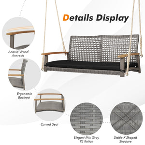Spacious seat with 47" width allows 2 people to swing together<br>Curved seat  backrest and acacia wood armrests for more comfort<br>Heavy-duty steel frame ensures 800 lbs load capacity<br>Mix gray PE rattan is elegant and weather resistant<br>Include a c