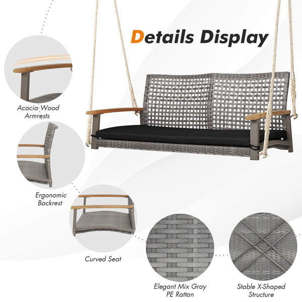 Spacious seat with 47" width allows 2 people to swing together<br>Curved seat  backrest and acacia wood armrests for more comfort<br>Heavy-duty steel frame ensures 800 lbs load capacity<br>Mix gray PE rattan is elegant and weather resistant<br>Include a c