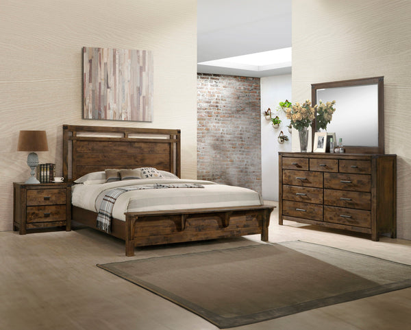 Immerse yourself in the rustic charm of this inviting bedroom collection that captures the essence of a serene retreat. The robust bed, with its sturdy frame and rich, weathered wood finish, conjures the warm allure of a mountain lodge. Complementing the 