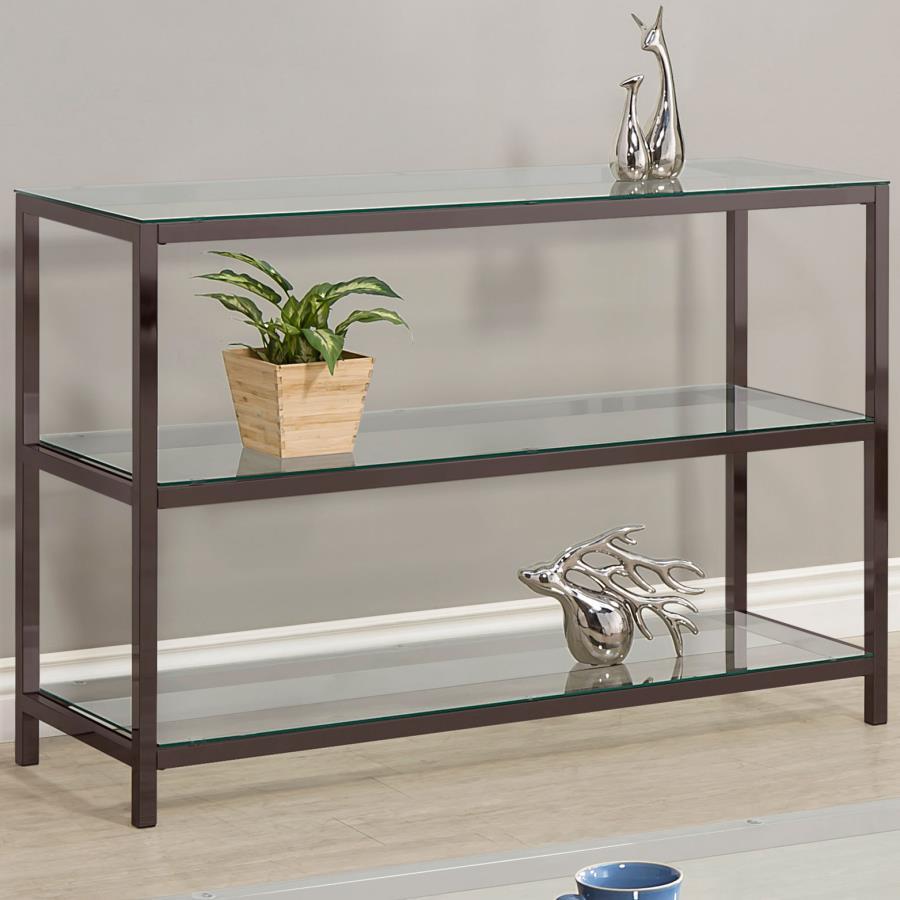 Sleek and contemporary, this rectangular console table features a black nickel electroplated frame and clear tempered glass surfaces. With two spacious lower shelves, it offers ample storage or display space, perfect for entryways, hallways, or behind sof