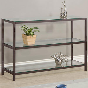  this rectangular console table features a black nickel electroplated frame and clear tempered glass surfaces. With two spacious lower shelves