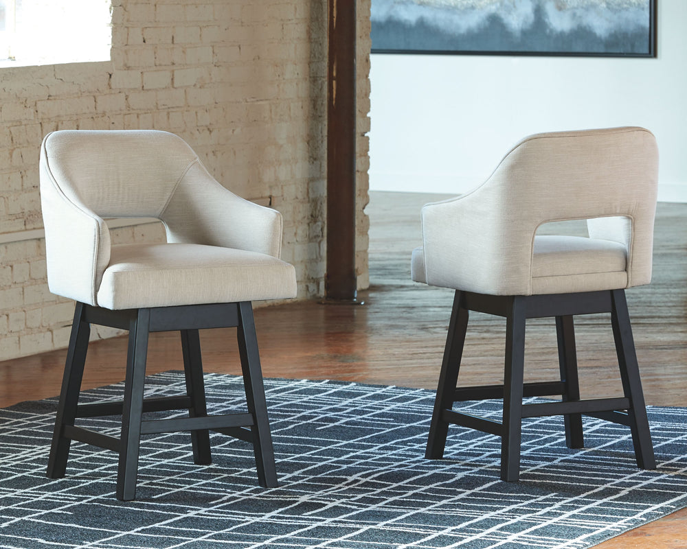 This barstool invites you to take contemporary modern style for a spin. Comfortably cushioned seat, self-returning swivel and contoured back make it beautifully in tune with your needs. Luxurious linen-look upholstery is a sensational touch.<br><br><b>Add