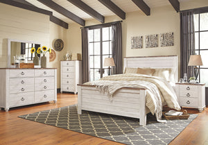 Two-tone finish in white wash replicated worn through paint with authentic touch and a replicated wood grained block pattern with authentic touch. Large scaled shapely bedroom collection features bun feet. Ring pull hardware in an antique brass color, acc