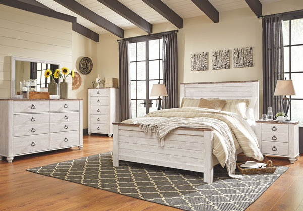  this queen panel bed carries you away to a dreamy time and place. Driftwoody whitewashed finish is wonderfully easy on the eyes. Faux plank detailing incorporates a classically rustic 