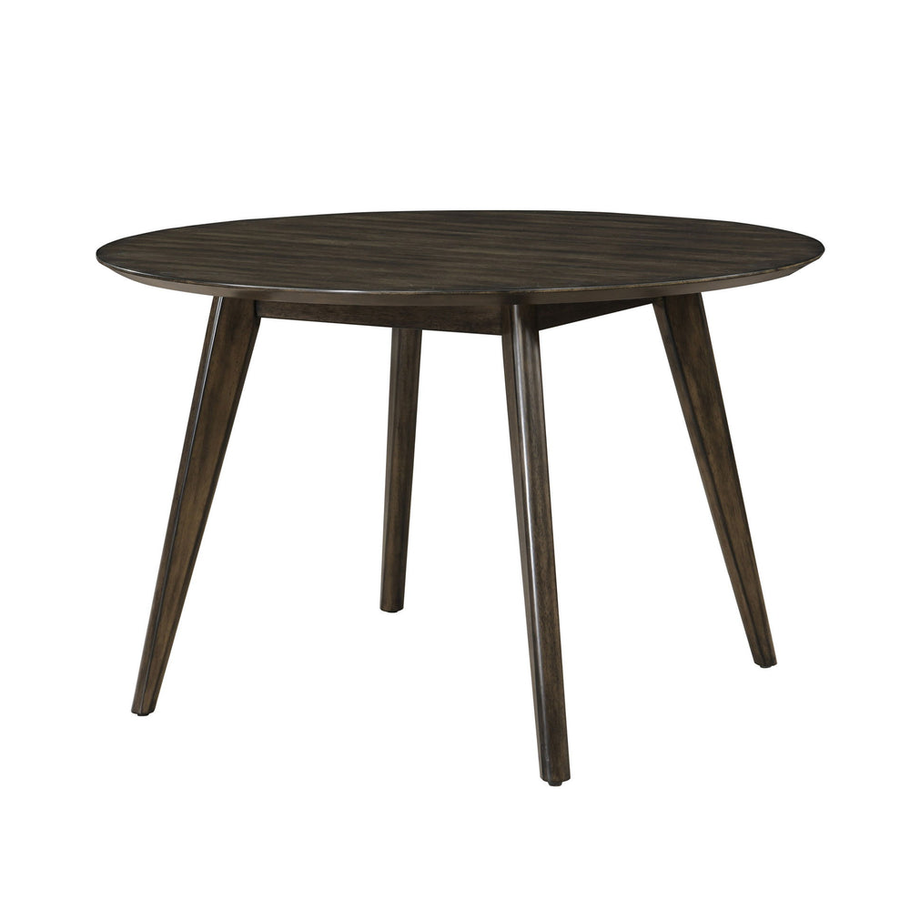 The Rex Mid-Century Modern 48" Round Dining Table in Walnut offers a stylish and practical solution for small space dining. This table, crafted from solid rubberwood, manufactured woods, and oak veneers, ensures exceptional stability and longevity. Its cl