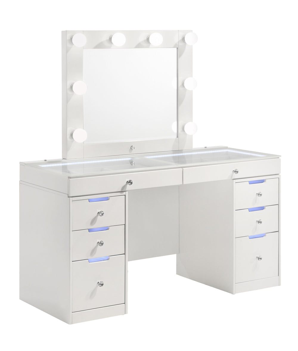 Step into a world of glamour with this sleek and chic vanity set, a perfect fusion of functionality and fashion. Its glossy white finish and clean lines are complemented by the sparkle of crystal-like knobs, adding a touch of sophistication to your person