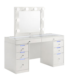 Step into a world of glamour with this sleek and chic vanity set, a perfect fusion of functionality and fashion. Its glossy white finish and clean lines are complemented by the sparkle of crystal-like knobs, adding a touch of sophistication to your person