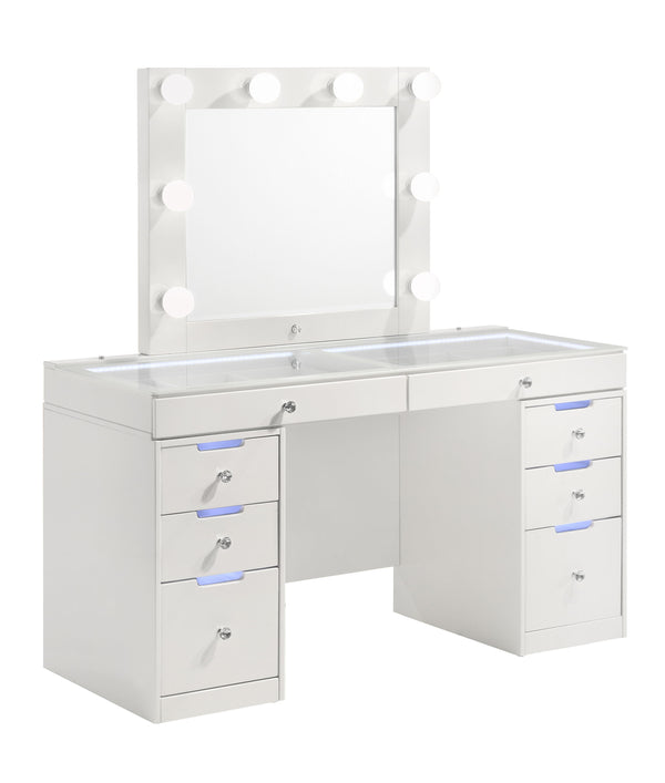 Step into a world of glamour with this sleek and chic vanity set, a perfect fusion of functionality and fashion. Its glossy white finish and clean lines are complemented by the sparkle of crystal-like knobs, adding a touch of sophistication to your person