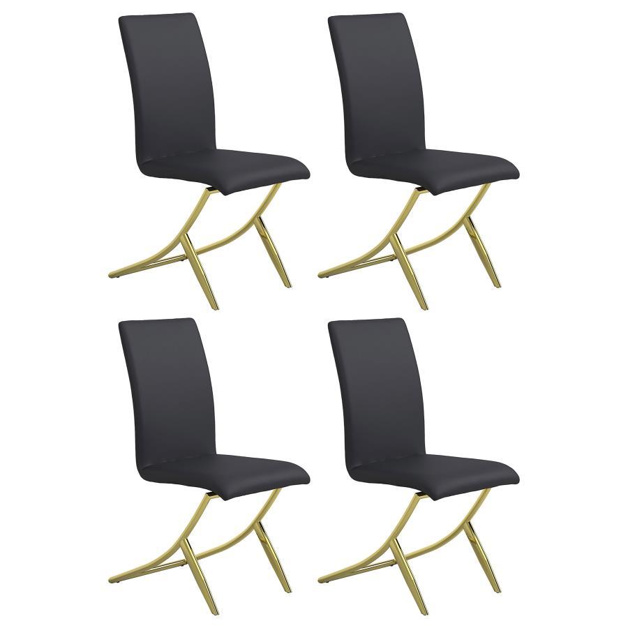 Add bold sophistication to your dining area with this contemporary side chair in black leatherette. Designed with clean lines and a sculptural brass metal base, it delivers striking modern elegance. The high back and plush padding provide comfort, while t