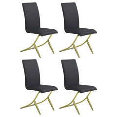 Add bold sophistication to your dining area with this contemporary side chair in black leatherette. Designed with clean lines and a sculptural brass metal base, it delivers striking modern elegance. The high back and plush padding provide comfort, while t