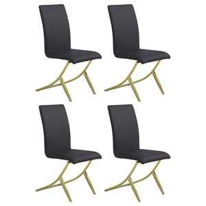 Add bold sophistication to your dining area with this contemporary side chair in black leatherette. Designed with clean lines and a sculptural brass metal base, it delivers striking modern elegance. The high back and plush padding provide comfort, while t