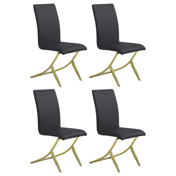 Add bold sophistication to your dining area with this contemporary side chair in black leatherette. Designed with clean lines and a sculptural brass metal base, it delivers striking modern elegance. The high back and plush padding provide comfort, while t