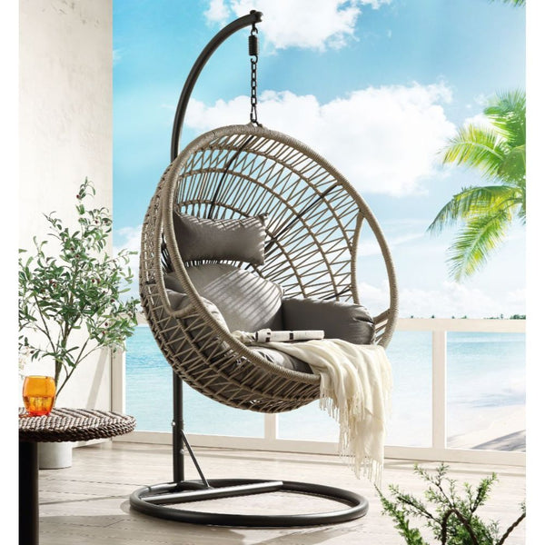 KD, Patio Swing Chair & Stand â€¢ Seat Cushion Included (Removable) â€¢ Includes: Swing Chair, Stand, Cushion â€¢â€¢ CONSTRUCTION: Frame Black Finish, Polyester Rope (mm Round) & Steel Powder Coated (mm) â€¢ SEAT CUSHION: Fabric â€¢â€¢â€¢ Material: Fabric