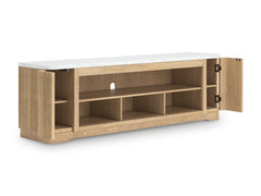 Elegance meets earthy charm in this TV stand. Crafting a contemporary living room? The faux marble top expertly pairs with the reeded base for a trend-right take on day-to-day function. Open shelving and subtly integrated storage cabinets make it easy to 