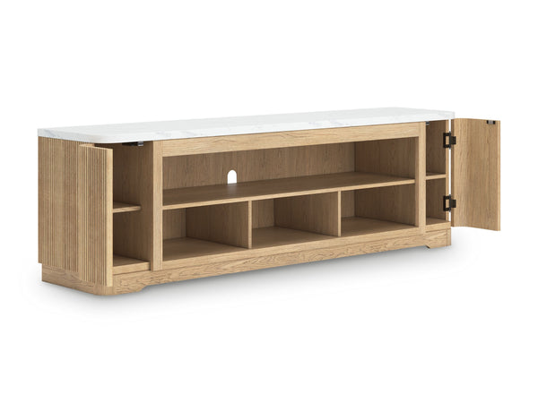 Elegance meets earthy charm in this TV stand. Crafting a contemporary living room? The faux marble top expertly pairs with the reeded base for a trend-right take on day-to-day function. Open shelving and subtly integrated storage cabinets make it easy to 