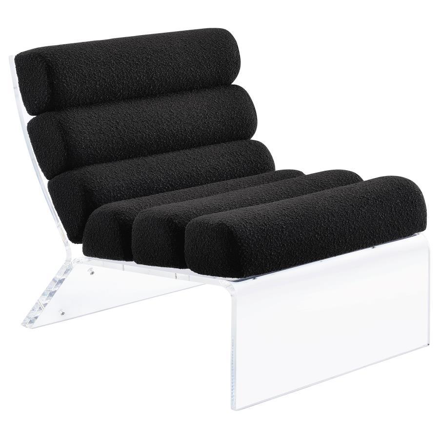 Discover a fusion of contemporary design and luxurious comfort in this accent lounge chair, where horizontal channeling meets the rich texture of bouclÃ© fabric. The thick, clear acrylic frame, crafted with the highest quality, surrounds the upholstered e