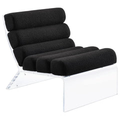 Discover a fusion of contemporary design and luxurious comfort in this accent lounge chair, where horizontal channeling meets the rich texture of bouclÃ© fabric. The thick, clear acrylic frame, crafted with the highest quality, surrounds the upholstered e