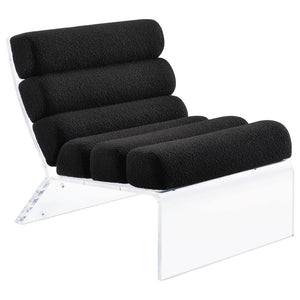 Discover a fusion of contemporary design and luxurious comfort in this accent lounge chair, where horizontal channeling meets the rich texture of bouclÃ© fabric. The thick, clear acrylic frame, crafted with the highest quality, surrounds the upholstered e
