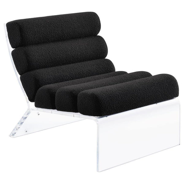 Discover a fusion of contemporary design and luxurious comfort in this accent lounge chair, where horizontal channeling meets the rich texture of bouclÃ© fabric. The thick, clear acrylic frame, crafted with the highest quality, surrounds the upholstered e
