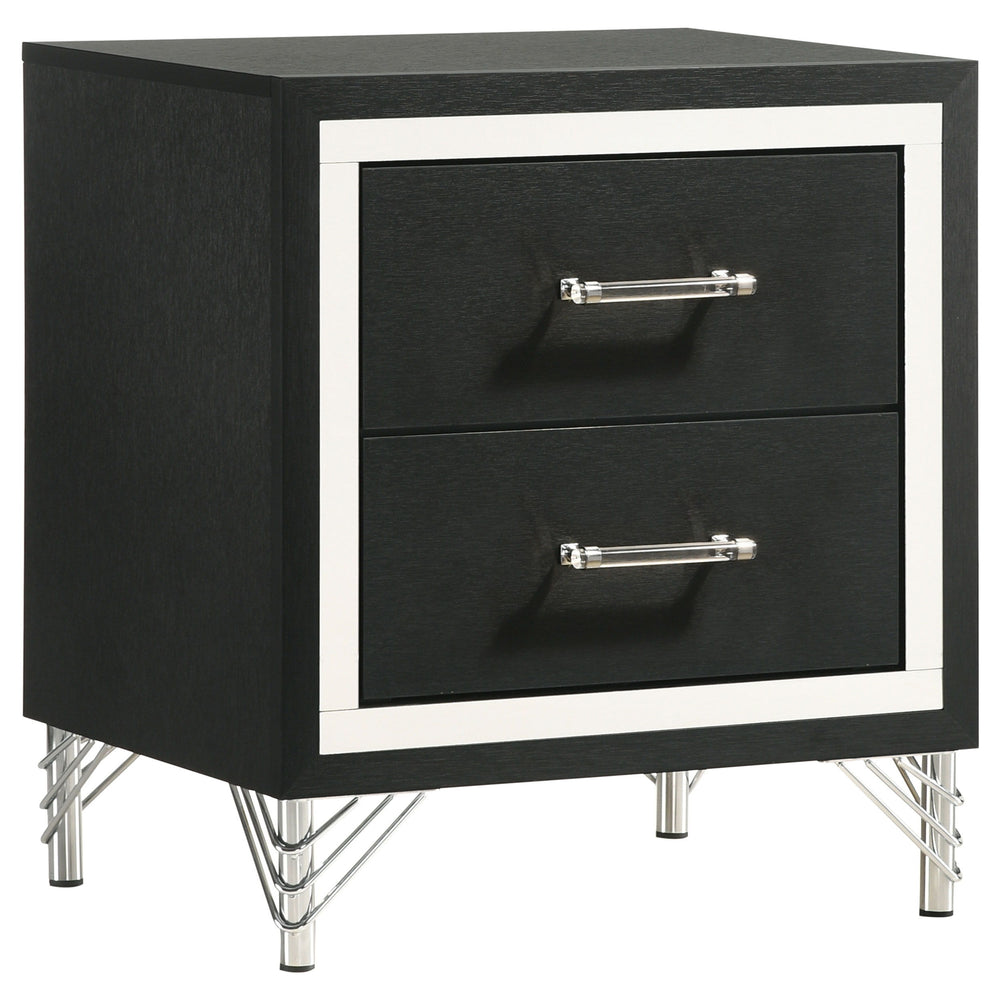 Gleaming chrome trim captures attention on a modern two-drawer nightstand. Perfect for your sophisticated bedside, it boasts a bold black finish case that offers the perfect touch of depth with its chrome trim. A pair of long bar pulls decorate drawer fro