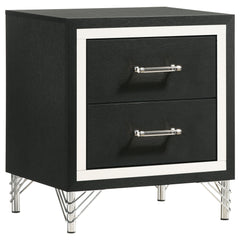 Gleaming chrome trim captures attention on a modern two-drawer nightstand. Perfect for your sophisticated bedside, it boasts a bold black finish case that offers the perfect touch of depth with its chrome trim. A pair of long bar pulls decorate drawer fro