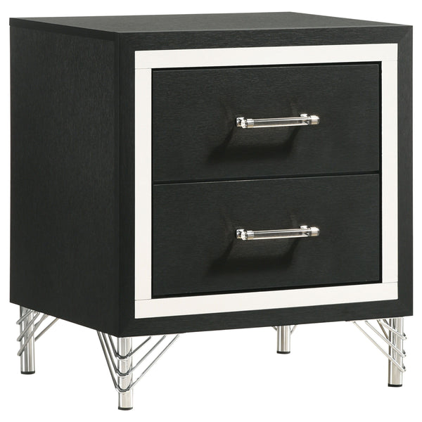 Gleaming chrome trim captures attention on a modern two-drawer nightstand. Perfect for your sophisticated bedside, it boasts a bold black finish case that offers the perfect touch of depth with its chrome trim. A pair of long bar pulls decorate drawer fro