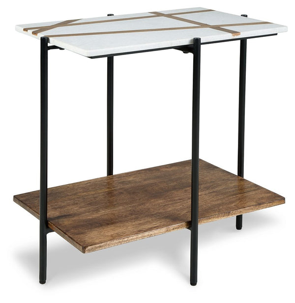 A masterclass in marrying different textures and tones, this accent table is uniquely versatile. Its luxe white marble top is decorated with wood inlay, adding vivacious character to the piece. Whether supporting a lamp or displaying decor, this table tak