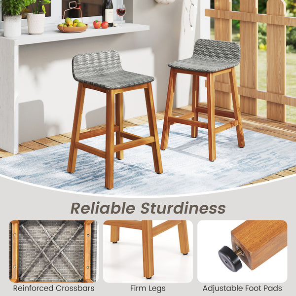High-quality acacia wood construction for durability<br>Splinter-free surfaces for a smooth and safe touch<br>Ergonomic design with a supportive backrest and curved armrests<br>PE rattan seat is fade-resident for long-time use<br>Added footrests for a coz
