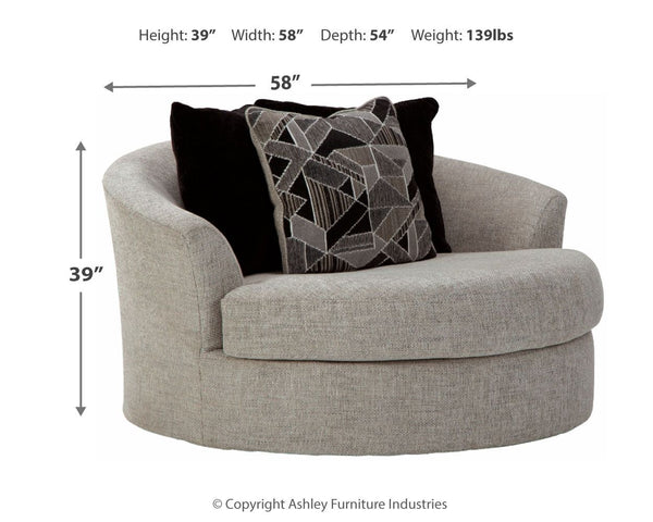  this oversized round swivel chair has that look and feel mastered. Perfect for fashion-forward family rooms