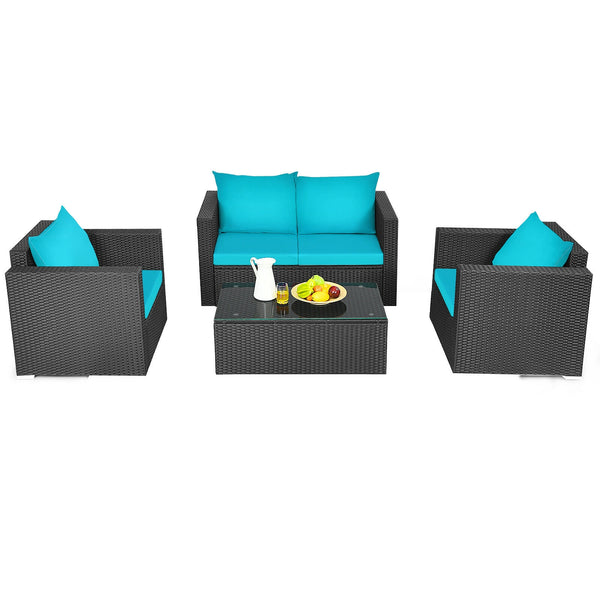 Including 1 x Table  2 x Single sofa  1 x Loveseat  4 x Seat cushion  4 x Back cushion  1 x Instruction<br>Stable steel frame can ensure a high-weight capacity<br>Weather-resistant PE rattan is durable enough for a long lifespan<br>Table and sofas come up