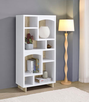  charming nature of a decorative bookcase. It-'s an asymmetric design with eight compartments over six shelves