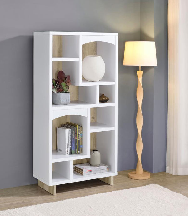  charming nature of a decorative bookcase. It-'s an asymmetric design with eight compartments over six shelves
