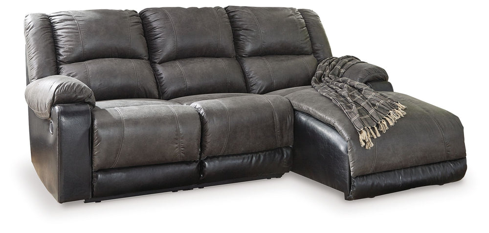 Sporting the look of perfectly -"broken-in-" leather, the Nantahala sectional has it all: looks, comfort and value. Its combination of weathered slate gray and black faux leather upholstery adds a nice contrasting element to the plump cushions, while jumb