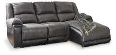 Sporting the look of perfectly -"broken-in-" leather, the Nantahala sectional has it all: looks, comfort and value. Its combination of weathered slate gray and black faux leather upholstery adds a nice contrasting element to the plump cushions, while jumb