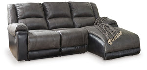 Sporting the look of perfectly -"broken-in-" leather, the Nantahala sectional has it all: looks, comfort and value. Its combination of weathered slate gray and black faux leather upholstery adds a nice contrasting element to the plump cushions, while jumb