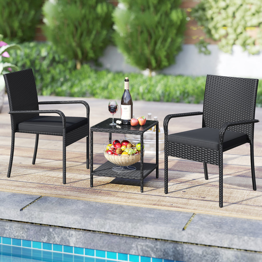 Crafted from appealing and long-lasting PE rattan<br>Comfortable to sit with ergonomic backrest and armrests<br>Soft seat cushions bring more coziness<br>Zippered cushion covers for simple maintenance<br>Side table with 2-tier design for more storage spac