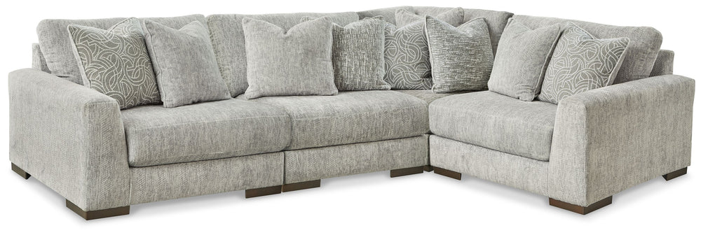 Sit back and enjoy the velvety softness of this sectional. Its contemporary design is accentuated by a subtle chevron pattern that masters the art of smart and sophisticated style.<br/><br/><b>Product Features</b><ul><li>Includes 4 pieces: left-arm facing