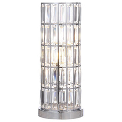 A sleek silhouette brings elegance and regality to a modern three-light table lamp. Adorned with a curtain of sparkling rectangular crystals, it offers glam elegance on a console or side table. Tucked within its column silhouette is space for three energy