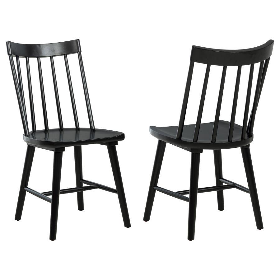This modern Windsor-style dining side chair refreshes a classic silhouette with a trendy finish, creating a sleek, contemporary accent in any dining room. Built from solid hardwood, it ensures sturdy support and everyday durability. Its slender spindles a