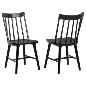 This modern Windsor-style dining side chair refreshes a classic silhouette with a trendy finish, creating a sleek, contemporary accent in any dining room. Built from solid hardwood, it ensures sturdy support and everyday durability. Its slender spindles a