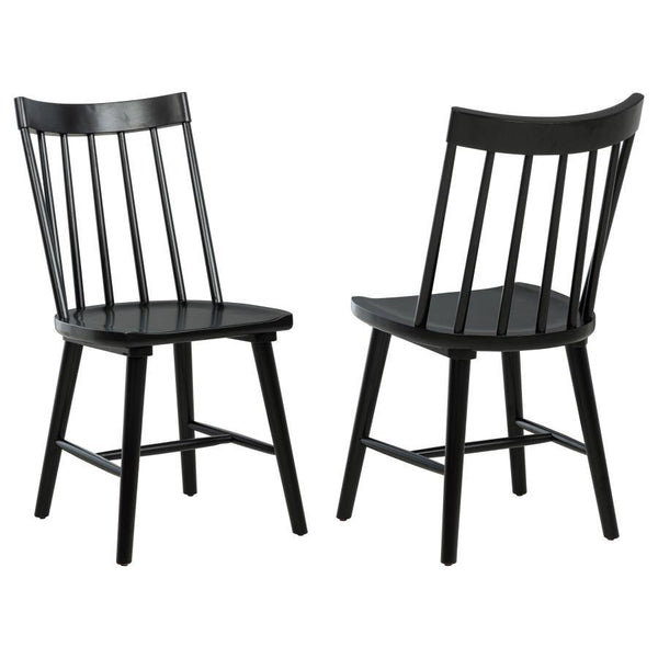 This modern Windsor-style dining side chair refreshes a classic silhouette with a trendy finish, creating a sleek, contemporary accent in any dining room. Built from solid hardwood, it ensures sturdy support and everyday durability. Its slender spindles a