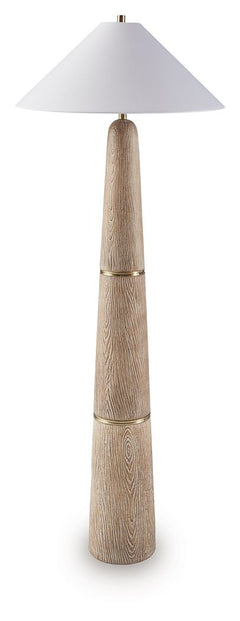 With a touch of mid-century influence and contemporary flair, this striking floor lamp is illuminating in more ways than one. Its mix of faux wood with metal accents is fresh and modern, while a 3-way switch makes it quite accommodating.<br><br><b>Additio
