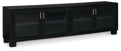 If you are a lover of simplicity, this TV stand is the perfect choice. With a black finish, a casual contemporary design and spacious storage cabinets, it provides functional style wherever itâ€™s displayed. And this large media cabinet accommodates flat-