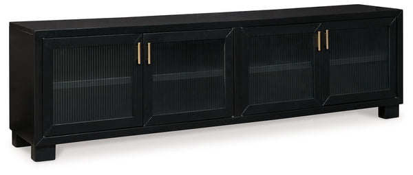 If you are a lover of simplicity, this TV stand is the perfect choice. With a black finish, a casual contemporary design and spacious storage cabinets, it provides functional style wherever itâ€™s displayed. And this large media cabinet accommodates flat-