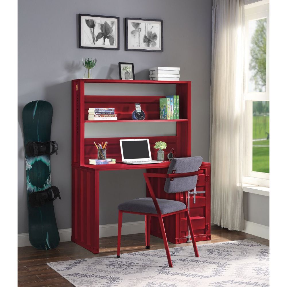 The Cargo computer desk and hutch have a industrial look and ample space that makes it perfect for your dorm, bedroom, or home office. This computer desk constructed of durable iron metal in a crisp red painted finish. It has a top compartment as well as 