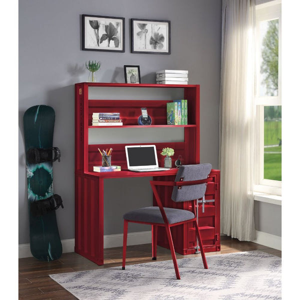 The Cargo computer desk and hutch have a industrial look and ample space that makes it perfect for your dorm, bedroom, or home office. This computer desk constructed of durable iron metal in a crisp red painted finish. It has a top compartment as well as 