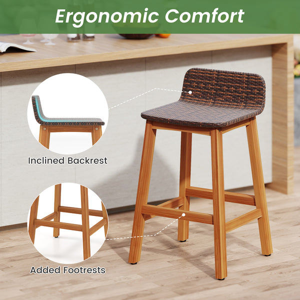 High-quality acacia wood construction for durability<br>Splinter-free surfaces for a smooth and safe touch<br>Ergonomic design with a supportive backrest and curved armrests<br>PE rattan seat is fade-resident for long-time use<br>Added footrests for a coz