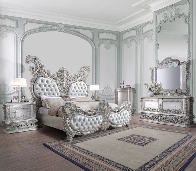 Characterized with button-tufted upholstery, intricate scrollwork, and lustrous finish, the Valkyrie Bedroom Collection provides the feeling of luxury and sophistication. Ornate carvings with floral scroll design on each piece boast extravagant silhouette