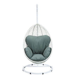  the Simona is a modern take on the classic patio swing chair. Intersecting white and black wicker creates a natural contrast and eye-catching style. Decorative versatility comes in the form of the two fabric 