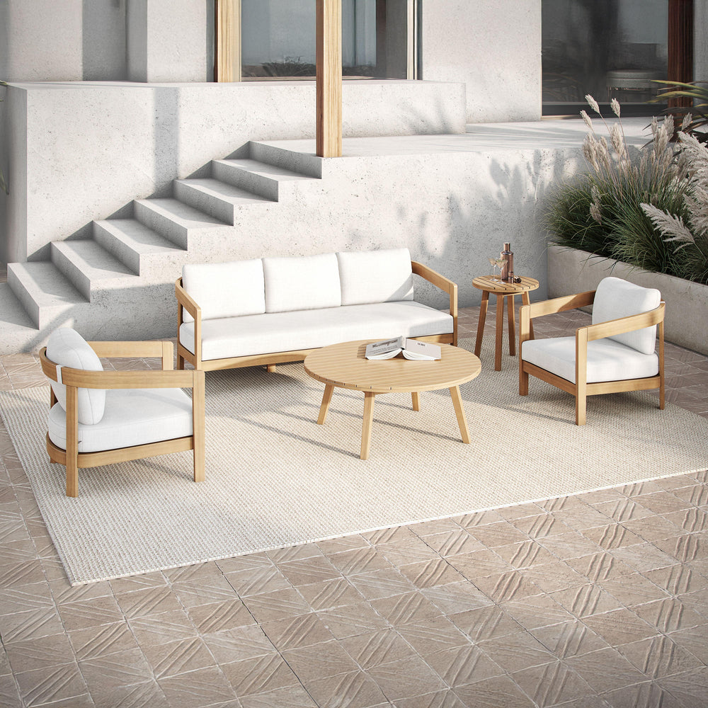 The Wesley 5-Piece Wood Patio Set offers the perfect blend of durability, comfort, and modern elegance for any outdoor living space. This versatile set includes a spacious patio sofa, two comfortable club chairs with plush white cushions, a stylish coffee